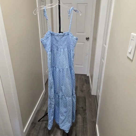 Light Blue Smocked 100% Cotton Midi Dress Tie Strap Swiss Dot Cottagecore Boho - Picture 4 of 8